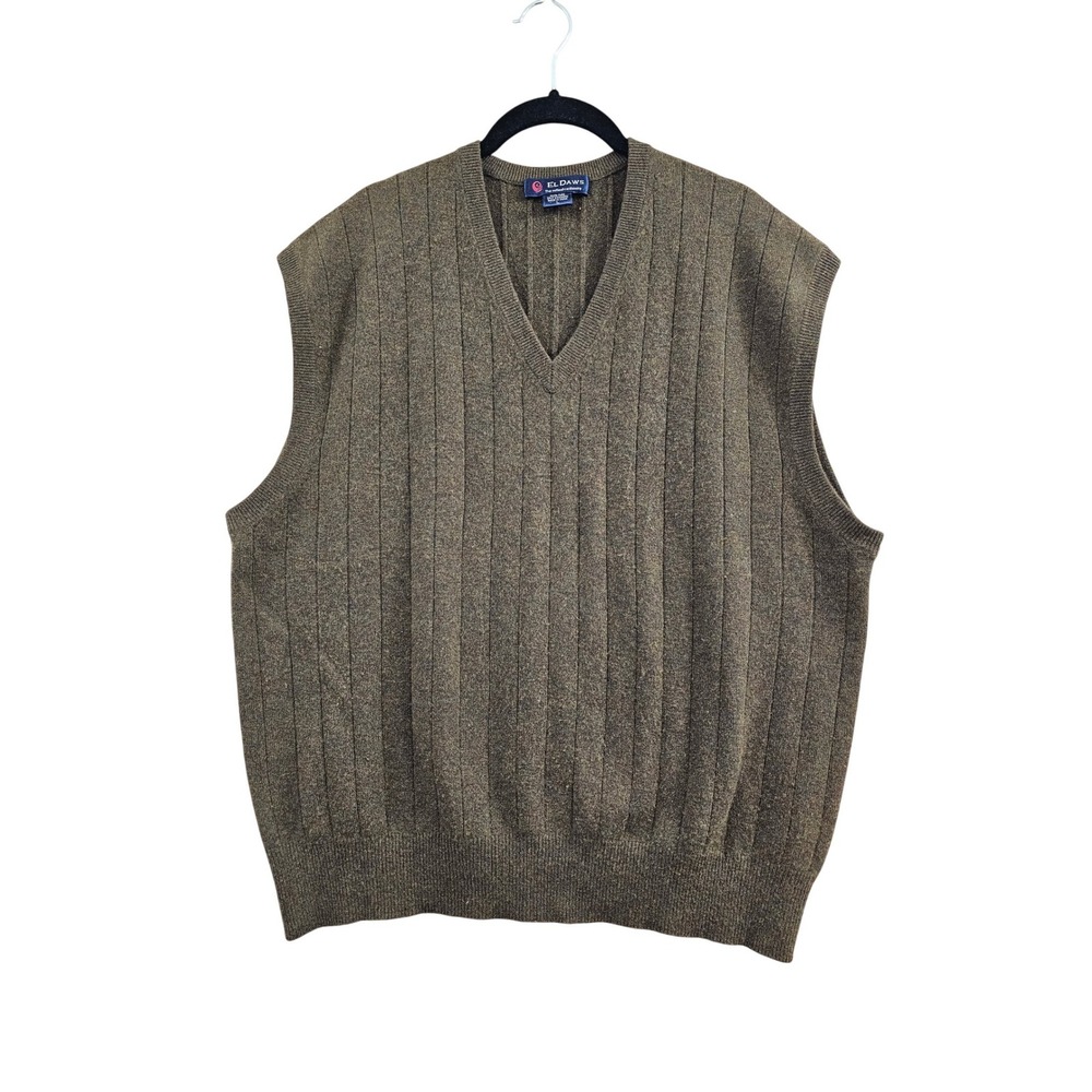 El Daws Sweater Vest Mens L Brown‎ Ribbed 100% Pure 2 Ply Cashmere V-Neck Knit